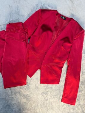 Bebe Women’s Red Satin Tailored Blazer & Slim Pants Suit Set Pant-0 Jacket-2